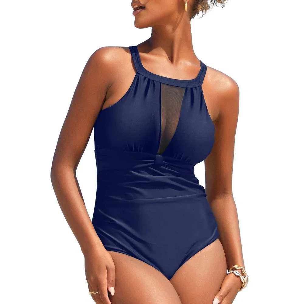 High Neck One Piece Swimsuit Womens L Navy Mesh Cutout Tummy Control 572 NWT